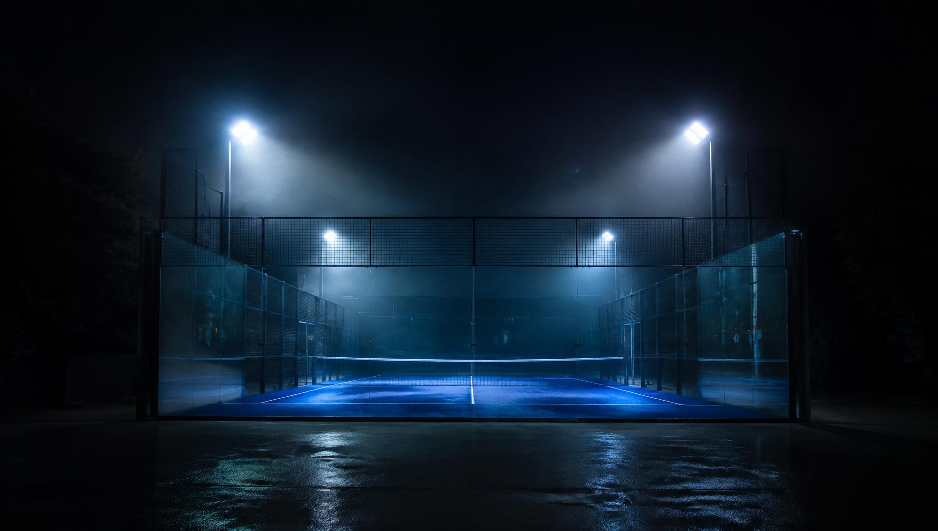 Leerer Padel-Court bei Nacht