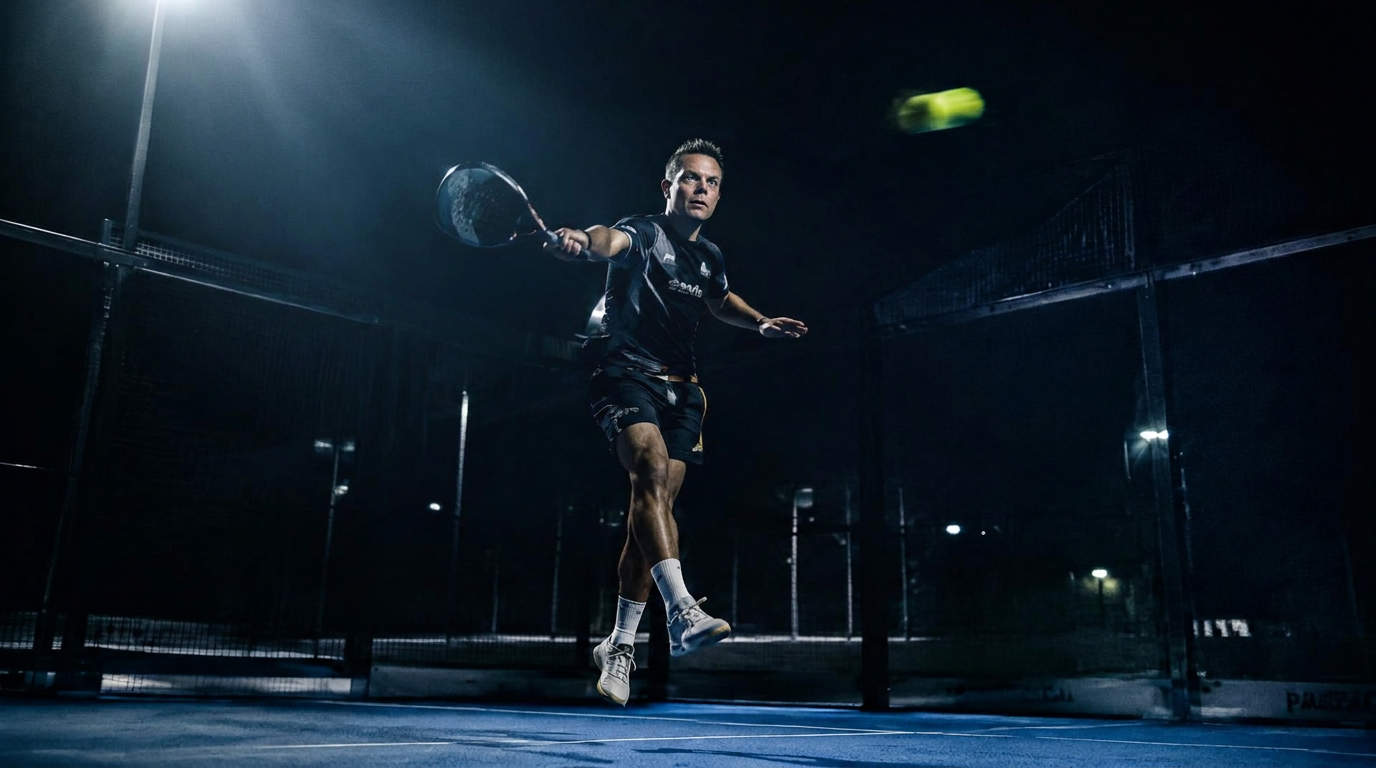 Padelspieler beim Schlag unter Flutlicht